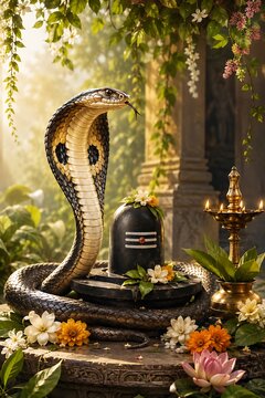 Traditional Nag Panchami Hindu festival celebrating Lord Shiva, Vasuki serpent, Shiva Lingam, sacred worship rituals, Indian spirituality, premium religious banner with generous copy space