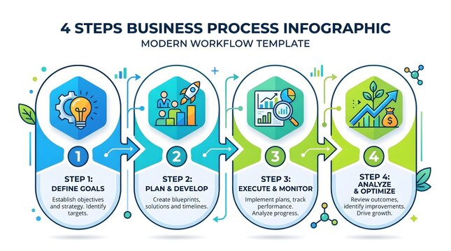 4-step business process infographic template for corporate workflows. Modern flat design flowchart with icons and text placeholders for presentations.