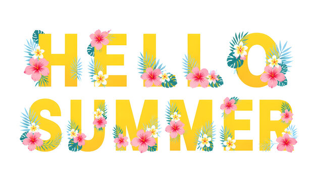 Vibrant yellow hello summer typography decorated with pink hibiscus and tropical palm leaves on transparent background