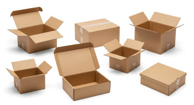 Various cardboard shipping boxes in different shapes and sizes displayed against a clean white background for industrial logistics commerce and professional warehouse packaging supply chain needs