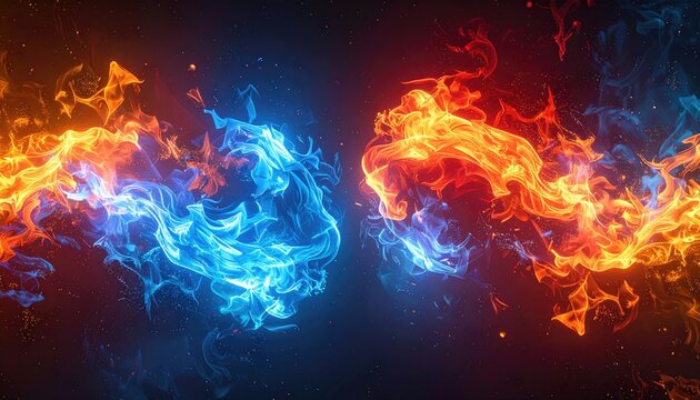 Fiery display of blue and orange flames emanating on opposite sides against a black background, a collision of color