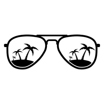Logo destino de vacaciones. Icono con dibujo sencillo de la silueta aislada de gafas de sol de metal con reflejo de playa con las palmas en espacio negativo