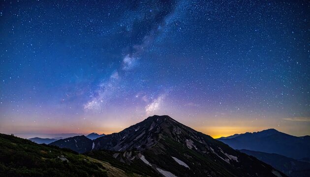 Mountain peak beneath a stunning, vibrant Milky Way and a colorful twilight sky in the background
