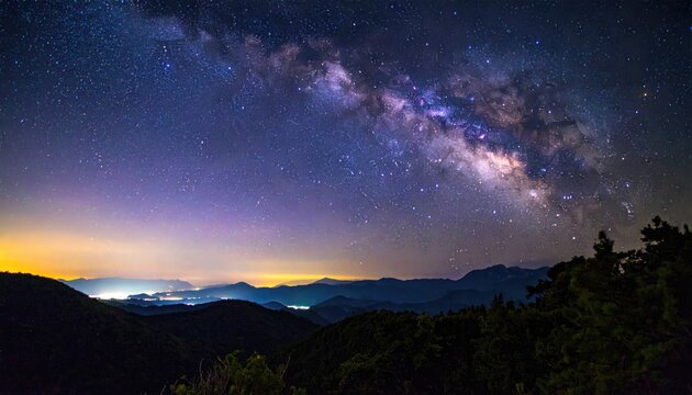 Night sky view, milky way galaxy glowing over hills. Forest silhouette in the foreground, city lights in distance