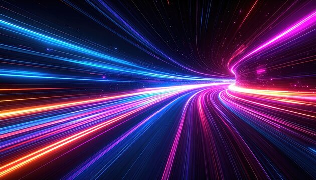 Abstract tunnel of light streams, vibrant blues, reds, pinks, evoking speed, technology and dynamic energy