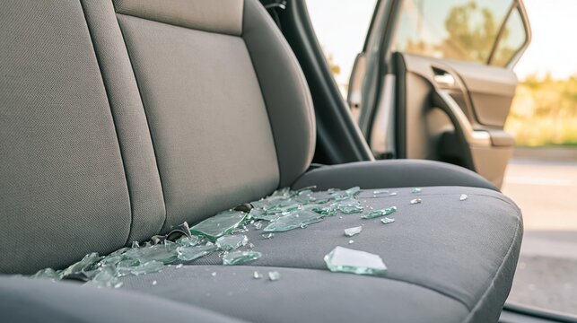 Shattered safety glass fragments on car seat after vehicle break in, open door showing damage