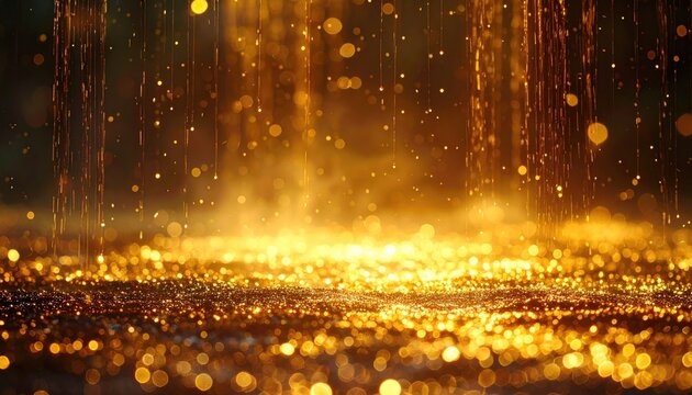 Shimmering cascade of golden bokeh lights creates a mesmerizing, sparkling, warm, abstract background