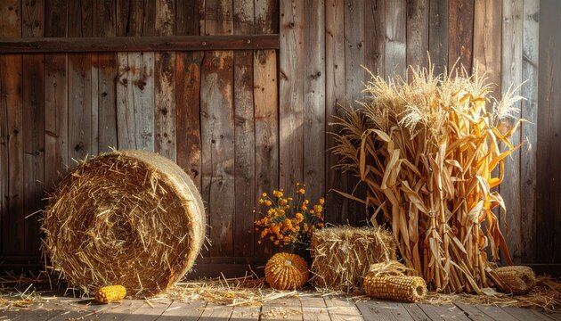 Rustic barn interior featuring hay bales, pumpkins, dried corn stalks, and autumn flowers against weathered wood