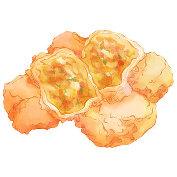 Watercolor Tahu Isi Snack Indonesian Food Traditional Cuisine Pastry Homemade Savory Street food Delicious Festive Illustration