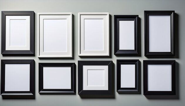 eleven black picture frames with white mats neatly arranged on a light grey wall various sizes and orientations