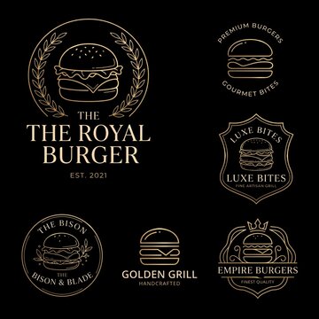 Luxury gold burger shop logo set with premium restaurant branding, hamburger