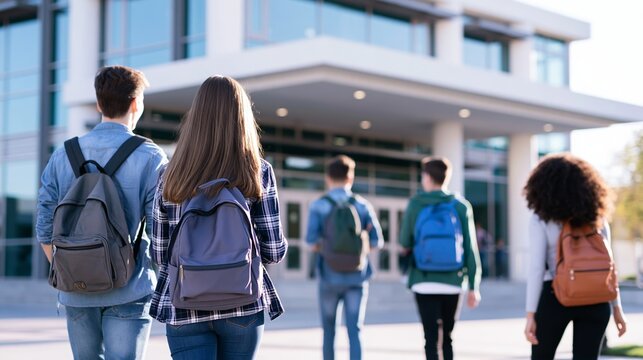 Group of university students walking with backpacks towards modern campus building, starting new academic year