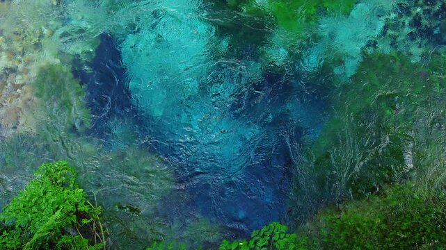 Top view of turquoise water at Blue Eye spring in Albania