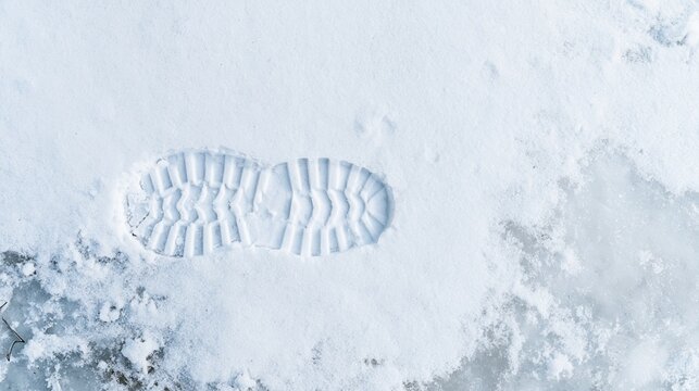 Boot print pressed into fresh snow and slushy ice, showing winter footprints on a cold textured surface