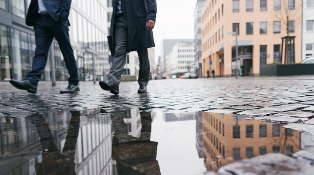 Businessmen walking wet cobblestone street, urban reflections in puddles, modern city life