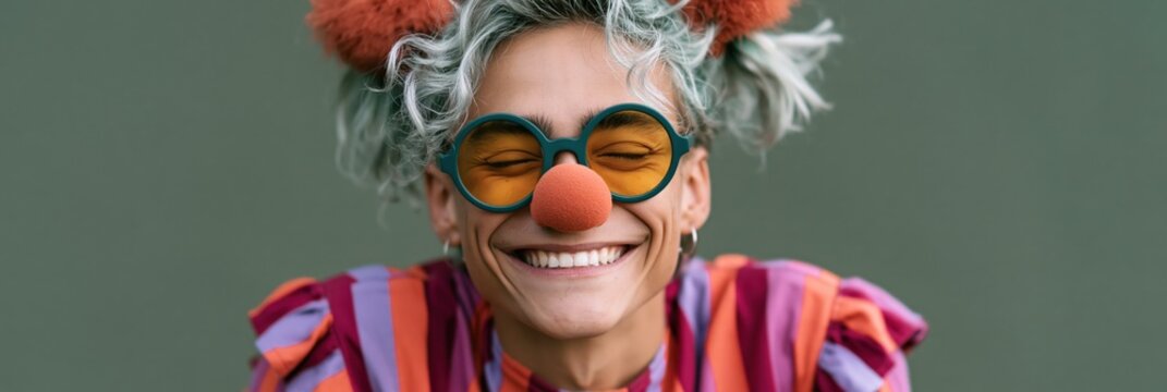 Smiling colorful clown portrait with orange nose and round yellow sunglasses for playful banner and character portrait background