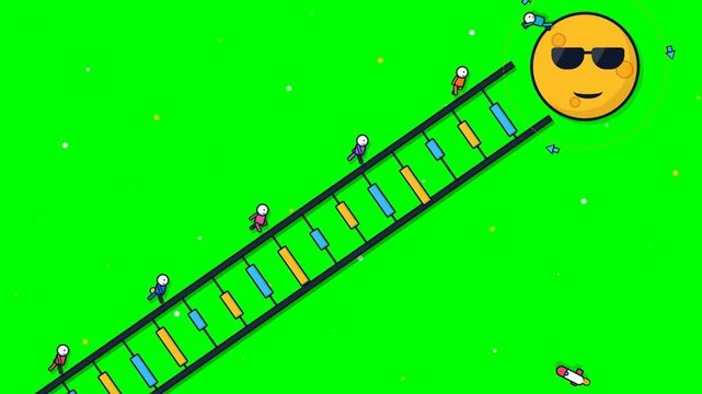 Stylized characters climbing financial candlestick ladder to moon face on green screen