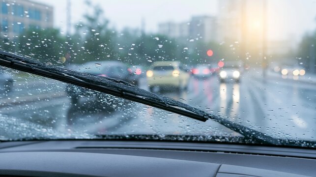 Car driving in heavy rain, windshield wipers clearing raindrops, blurred city traffic and wet road beyond