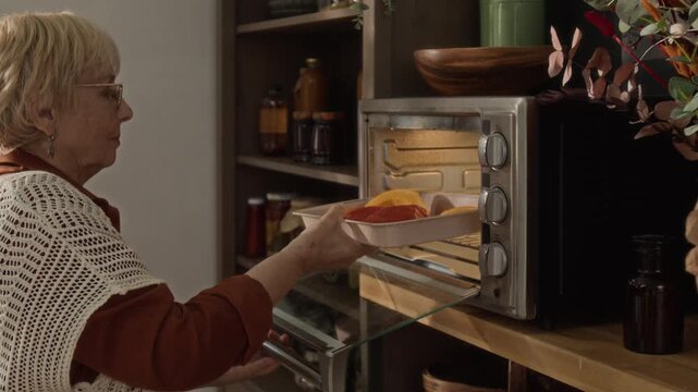 Senior Caucasian woman opening countertop oven and placing tray of sliced pumpkin inside to bake. Footage is ideal for healthy eating campaigns and kitchen appliance commercials