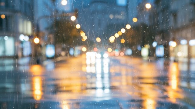 City street lights blurring on a rain streaked window at night, creating abstract reflections and an urban atmosphere
