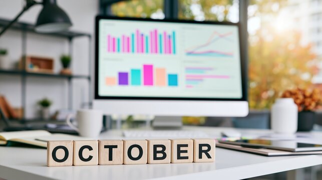 OCTOBER word on wooden blocks symbolizing monthly business planning with financial data charts