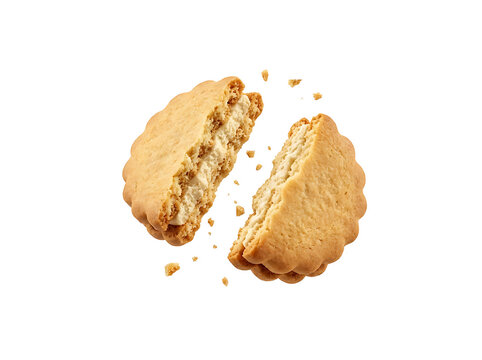 A delicious broken cream sandwich biscuit with crumbs isolated on a transparent background