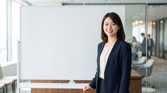 プロフィール写真をイメージした、モダンな企業の会議室にて、ホワイトボードの隣に立ち穏やかな笑顔をカメラに向けている20代日本人女性社員のバストアップポートレート