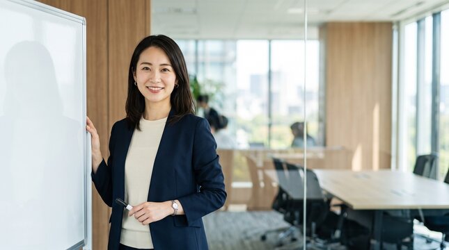 プロフィール写真をイメージした、モダンな企業の会議室にて、ホワイトボードの隣に立ち穏やかな笑顔をカメラに向けている20代日本人女性社員のバストアップポートレート
