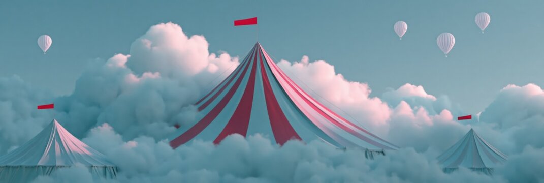 Dreamy pastel circus tent and hot air balloons floating in clouds for whimsical background and poster design with serene cotton cloud landscape