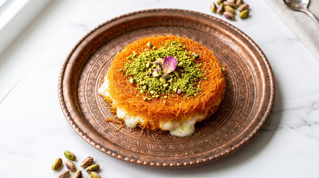 Knafeh with pista on copper tray