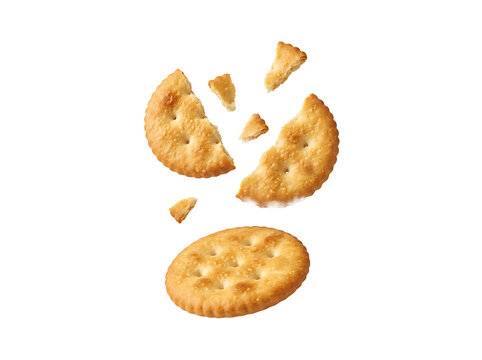 Falling crispy round crackers with crumbs isolated on a transparent background for food advertising.