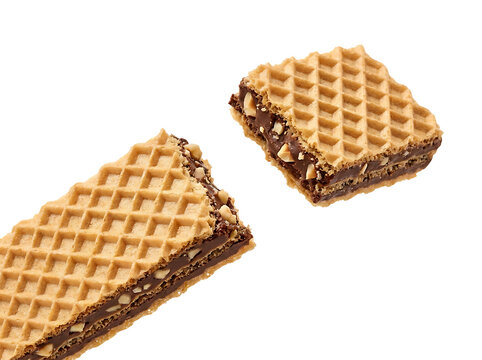 Chocolate wafer biscuits isolated on transparent background. Crispy hazelnut snack pieces for food design.