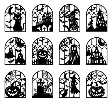 Halloween Window Silhouette Vector Set with Witch, Haunted House, Pumpkin, Ghost, and Black Cat