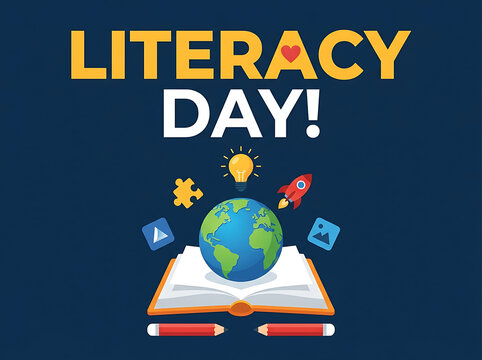 A vibrant graphic design celebrating International Literacy Day with educational icons and a book.