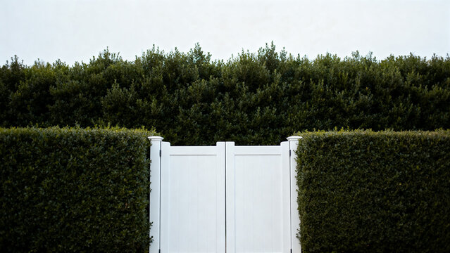 White garden gate in front of a tall, dense privet hedge.
