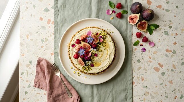 Top view of delicious creamy cheesecake topped with fresh fig slices raspberries and edible flowers on a terrazzo table top.
