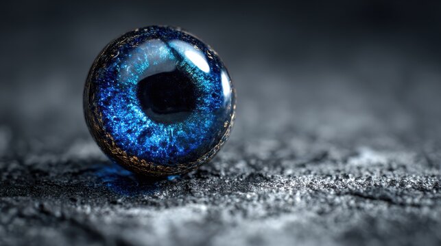 Blue glass eye macro close-up on dark textured surface, eerie doll eye photography, surreal gothic still life detail