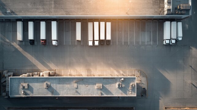 Aerial photography of the industrial complex of food production with loading docks and trucks.