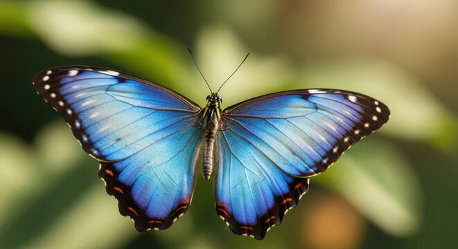Bright blue morpho butterfly displays vibrant iridescent wings and intricate dark patterns while resting peacefully in a lush garden setting under soft natural morning sunlight