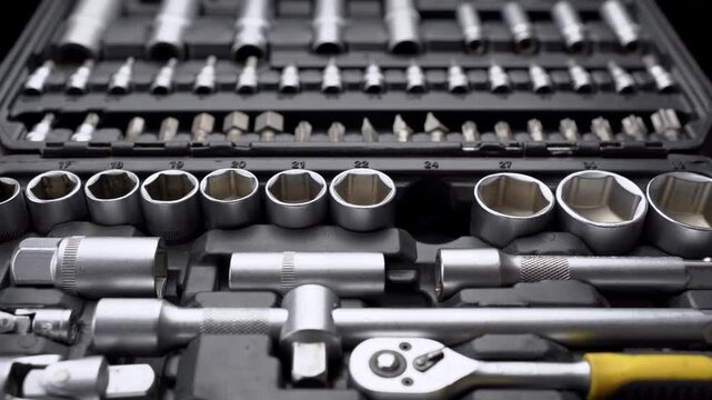 Male hand choosing and pointing at socket head in organized toolbox case close-up, auto mechanic repair concept