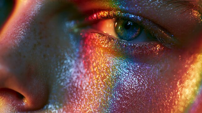 Extreme close-up of human eye with colorful glitter and face paint