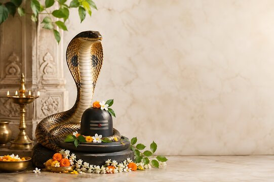 Traditional Nag Panchami Hindu festival celebrating Lord Shiva, Vasuki serpent, Shiva Lingam, sacred worship rituals, Indian spirituality, premium religious banner with generous copy space