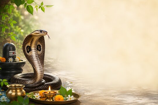 Nag Panchami spiritual festival honoring Lord Shiva and sacred serpents, divine mythology, temple rituals, Hindu devotion, elegant Indian religious celebration banner