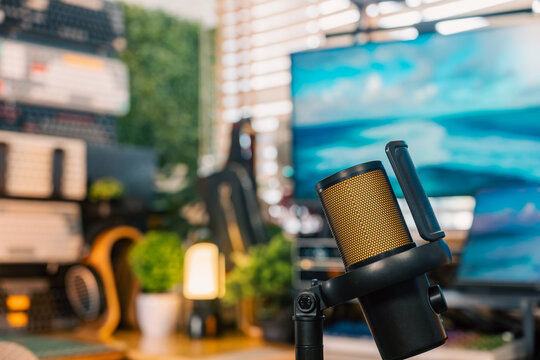 Condenser microphone with a pop filter, a monitor and green plants in a warm home content studio