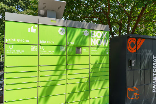 Rijeka, Croatia - June 27, 2026: Green BoxNow parcel locker for automated package pickup and delivery in a public urban location