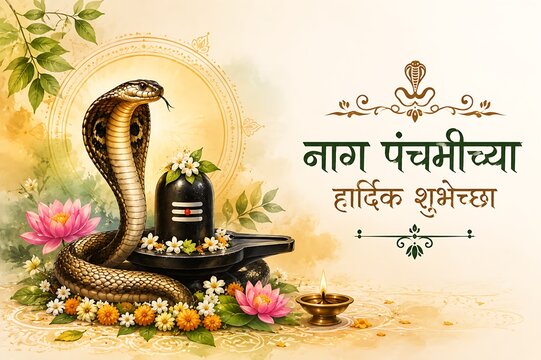 Nag Panchami festival celebration featuring Lord Shiva with sacred cobra around his neck, Hindu devotion, spiritual tradition, temple worship, Indian religious culture, divine blessings background