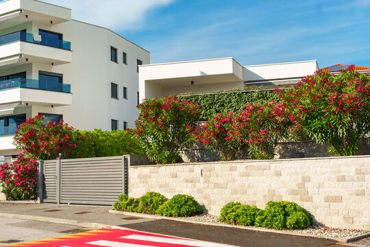 Modern residential buildings surrounded by landscaped gardens, flowering oleander shrubs, and a colorful pedestrian crossing