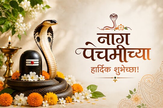Traditional Nag Panchami Hindu festival celebrating Lord Shiva, Vasuki serpent, Shiva Lingam, sacred worship rituals, Indian spirituality, premium religious banner with generous copy space