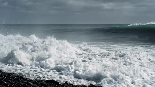 Epic ocean wave crashing on a black sand beach under a moody, overcast sky creating a powerful coastal scene