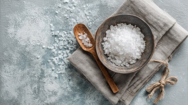 Rustic sea salt crystals on grey stone background, wooden spoon and bowl. Gourmet seasoning ingredient flat lay for cooking